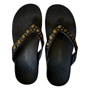 VIONIC Orthaheel Floriana Croco Black Jeweled Beaded Orthotic Flip Flops Size 7